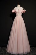 Vestido de princesa rosa de tul con cuentas, estilo princesa, con hombros descubiertos, vestido de noche Y7584