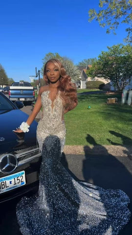 Vestido largo de fiesta de sirena con lentejuelas plateadas brillantes Y1705