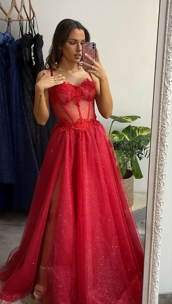 Robes de bal longues en dentelle rouge brillante à décolleté cœur, robes de soirée en dentelle rouge fendues, robes de soirée en dentelle rouge Y1673