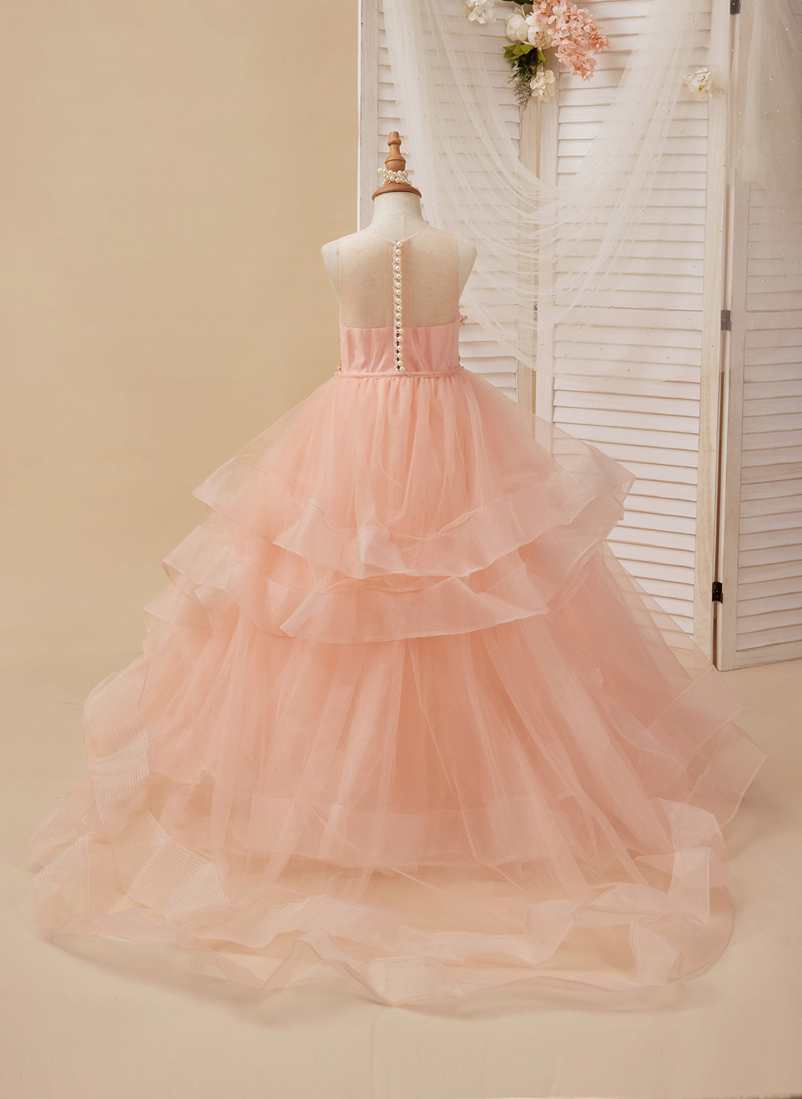Vestido de princesa rosa para niña de las flores, estilo gala/con cola de tul. 