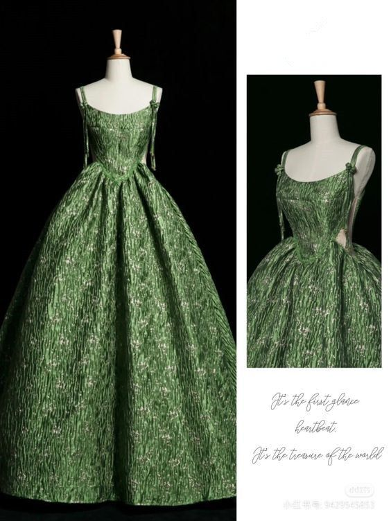 Robe de soirée verte vintage à fines bretelles, coupe trapèze, idéale pour un bal de promo ou une soirée d'anniversaire (Y7567)