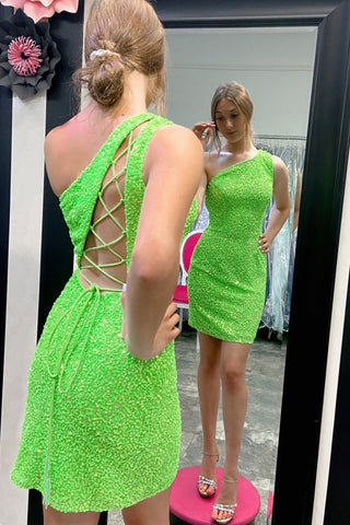 Bodycon One Shoulder Green Sequins Short Homecoming Dress