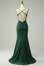 Mermaid Spaghetti Straps Dark Green Long Prom Dress with Appliques