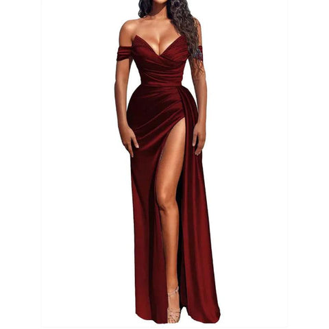Robe de bal longue plissée et sexy à col en V et fente