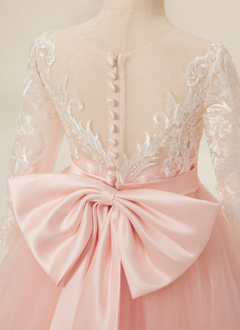 Vestidos de niña de las flores de corte A, manga larga, encaje y tul, color rosa (2003227575) 