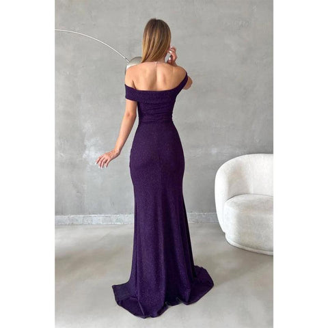 Robe de bal longue fendue sur le côté, fourreau/colonne, paillettes, épaules dénudées 