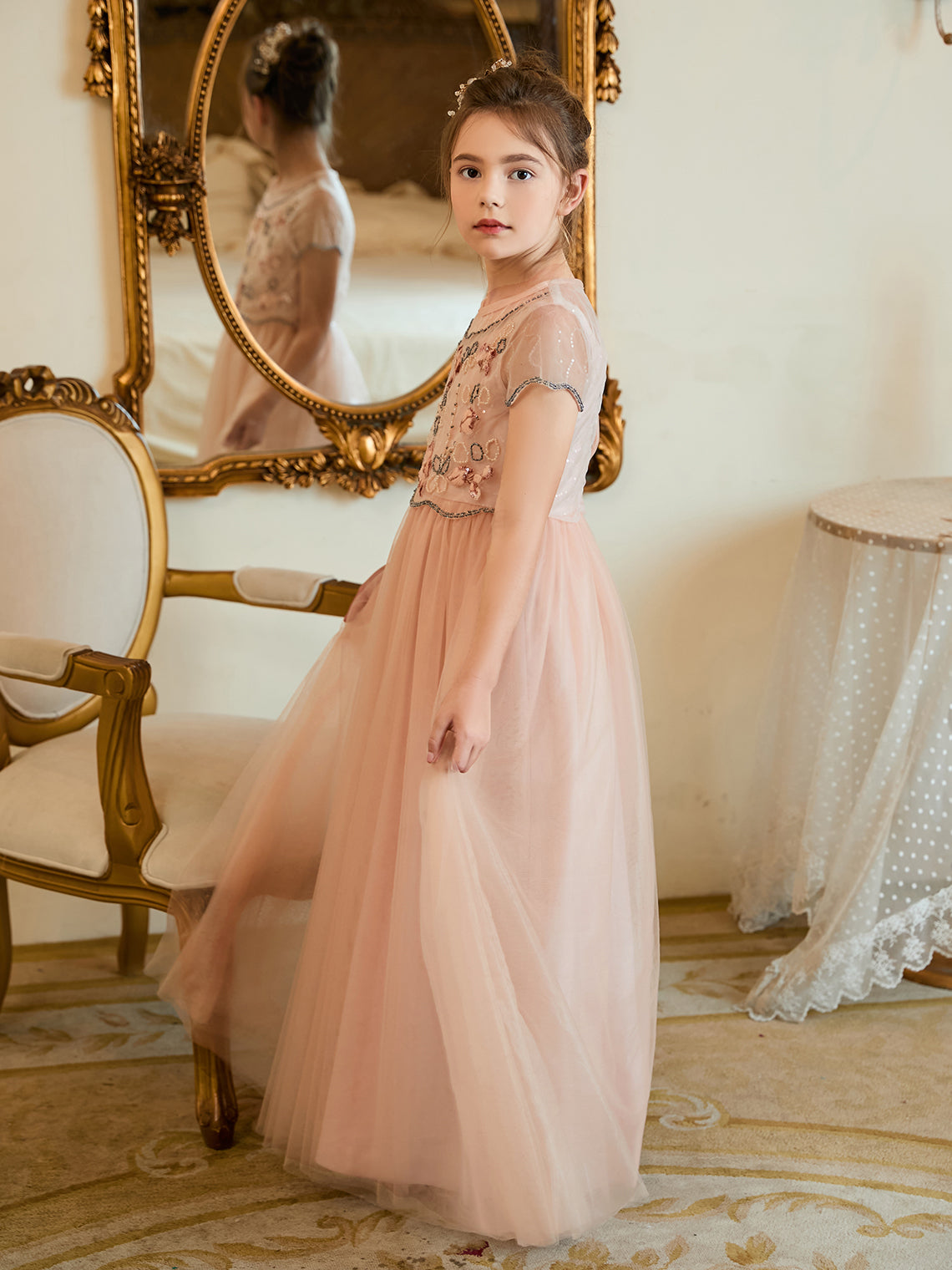 Vestido rosa de niña de las flores, corte en A, de gasa y largo hasta el suelo 