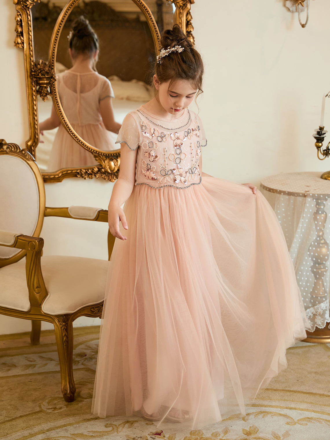 Vestido rosa de niña de las flores, corte en A, de gasa y largo hasta el suelo 