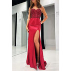 Vestido de noche ajustado para fiesta de graduación, sin tirantes, con cuentas y abertura lateral 