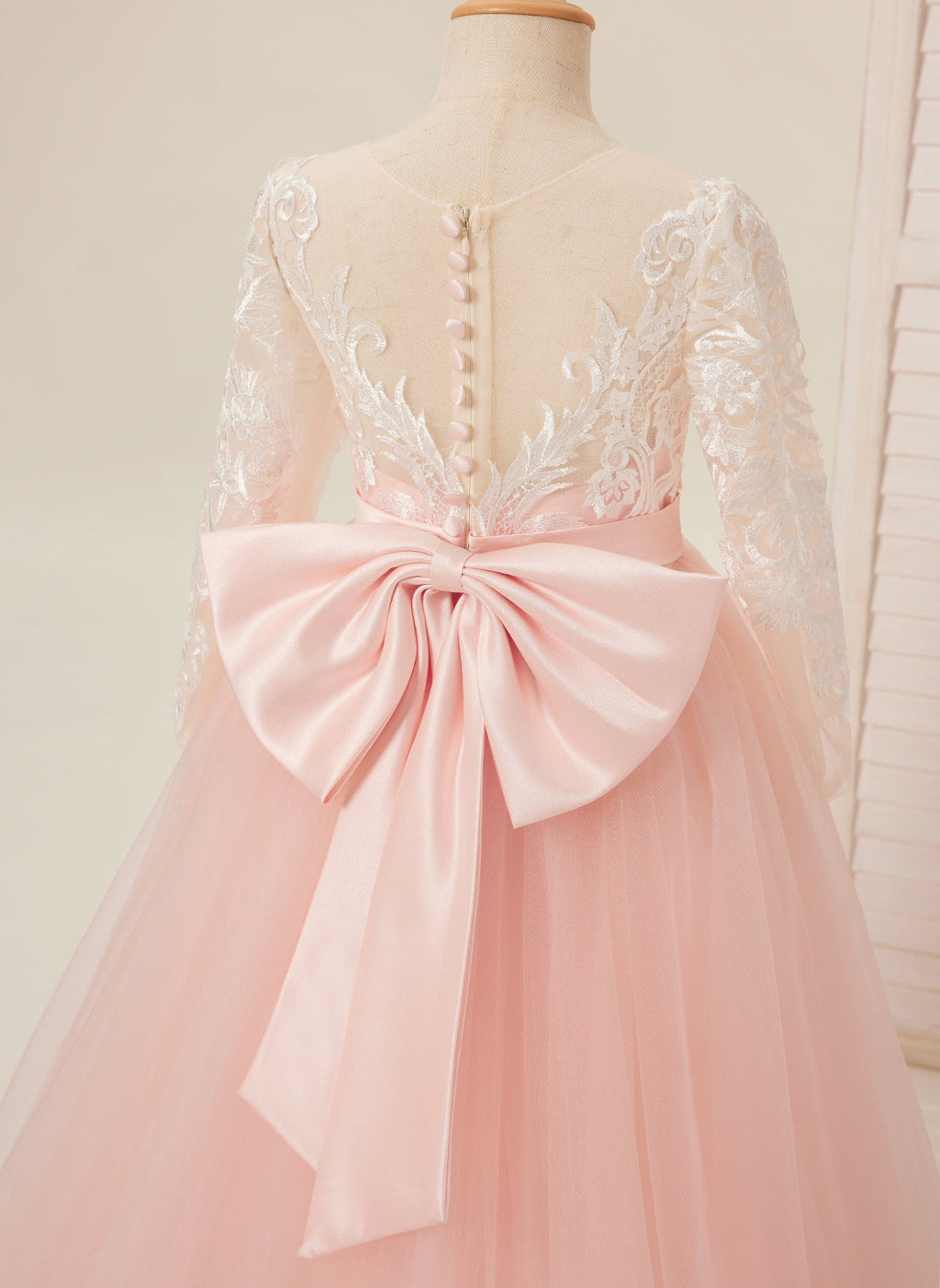 Vestidos de niña de las flores de corte A, manga larga, encaje y tul, color rosa (2003227575) 