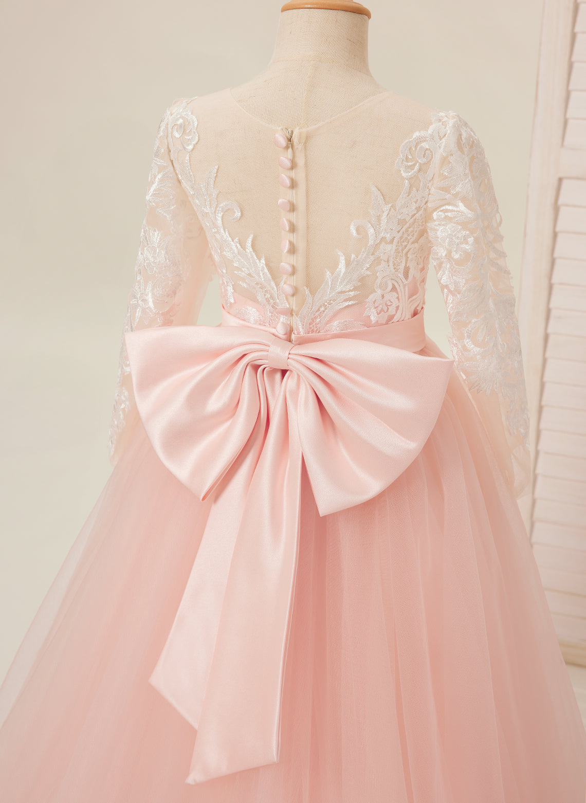 Vestidos de niña de las flores de corte A, manga larga, encaje y tul, color rosa (2003227575) 