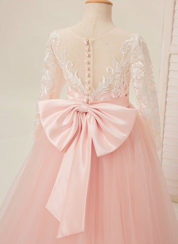 Vestidos de niña de las flores de corte A, manga larga, encaje y tul, color rosa (2003227575) 