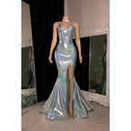 Robe de bal longue à bretelles spaghetti et col en V, fendue et pailletée