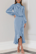 Elegant Solid Flounce Fold Turtleneck Evening Dress Dresses