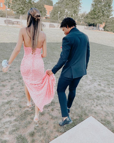 Robe de soirée longue rose à paillettes avec dos croisé Y625