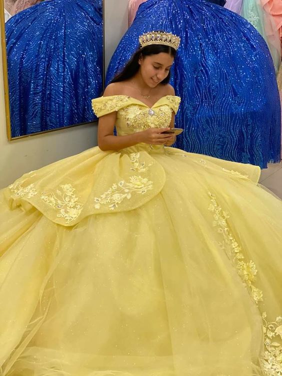 Vestido de princesa amarillo con hombros descubiertos, vestido de quinceañera, vestido de baile Y655