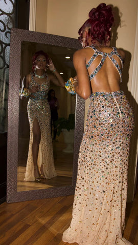 Robe de soirée sirène luxueuse en cristal, fente latérale, robe de soirée sexy Y547