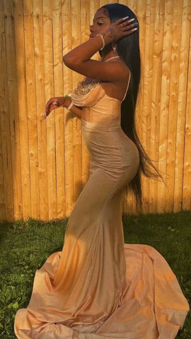 Robe de bal sirène à fines bretelles, robe de soirée sexy avec traîne Y544