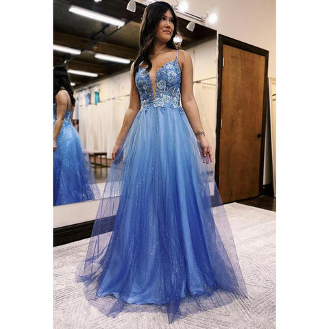 Robe de soirée longue en tulle pailleté ombré à bretelles spaghetti et col en V 