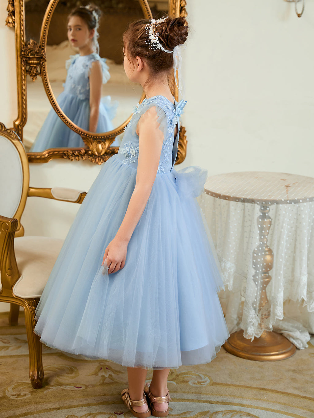 Vestido de baile/princesa de satén y tul azul hasta la rodilla (2003225970) 
