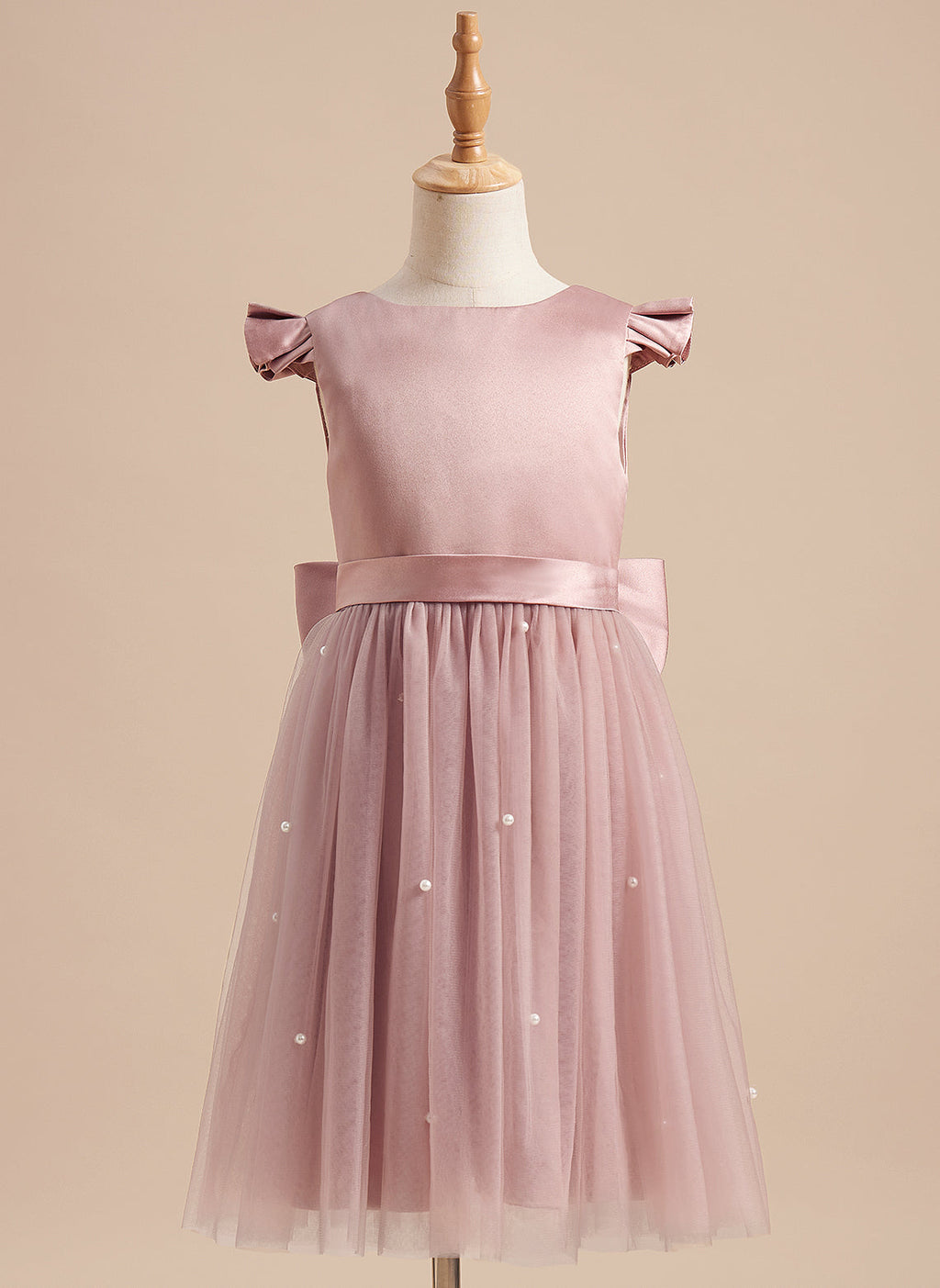 Vestido rosa empolvado de corte A y tul satinado hasta la rodilla (2003227179) 