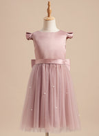 Vestido rosa empolvado de corte A y tul satinado hasta la rodilla (2003227179) 