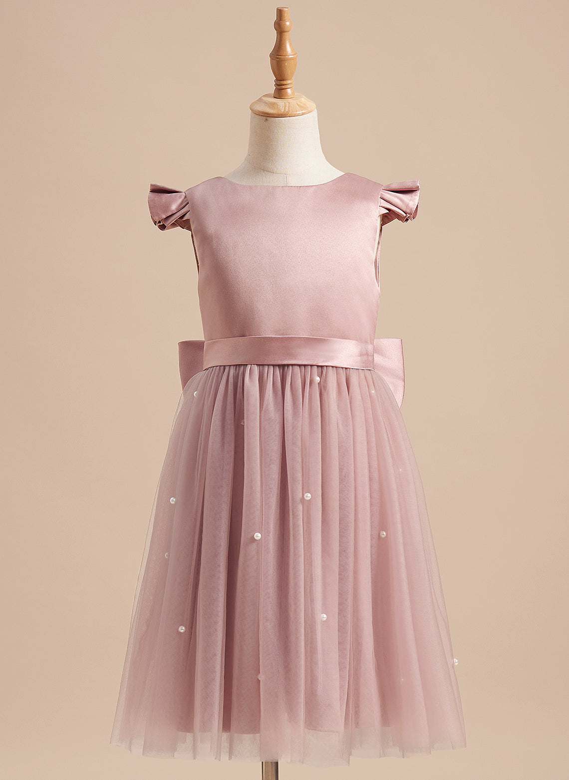 Vestido rosa empolvado de corte A y tul satinado hasta la rodilla (2003227179) 