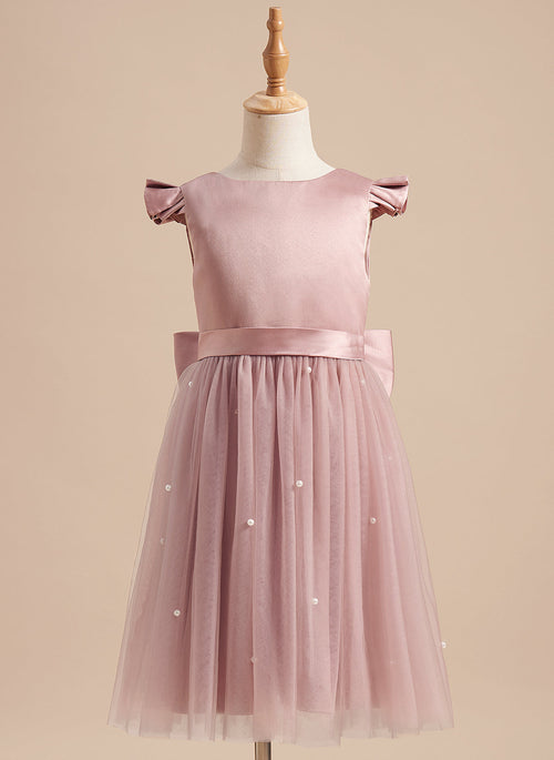 A-line Satin Tulle Knee-length Dusty Rose Dress (2003227179)
