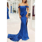 Robe de soirée à paillettes, détachable, épaules dénudées et fente latérale 