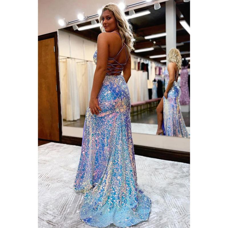 Robe de bal à bretelles spaghetti et paillettes pour femme avec fente