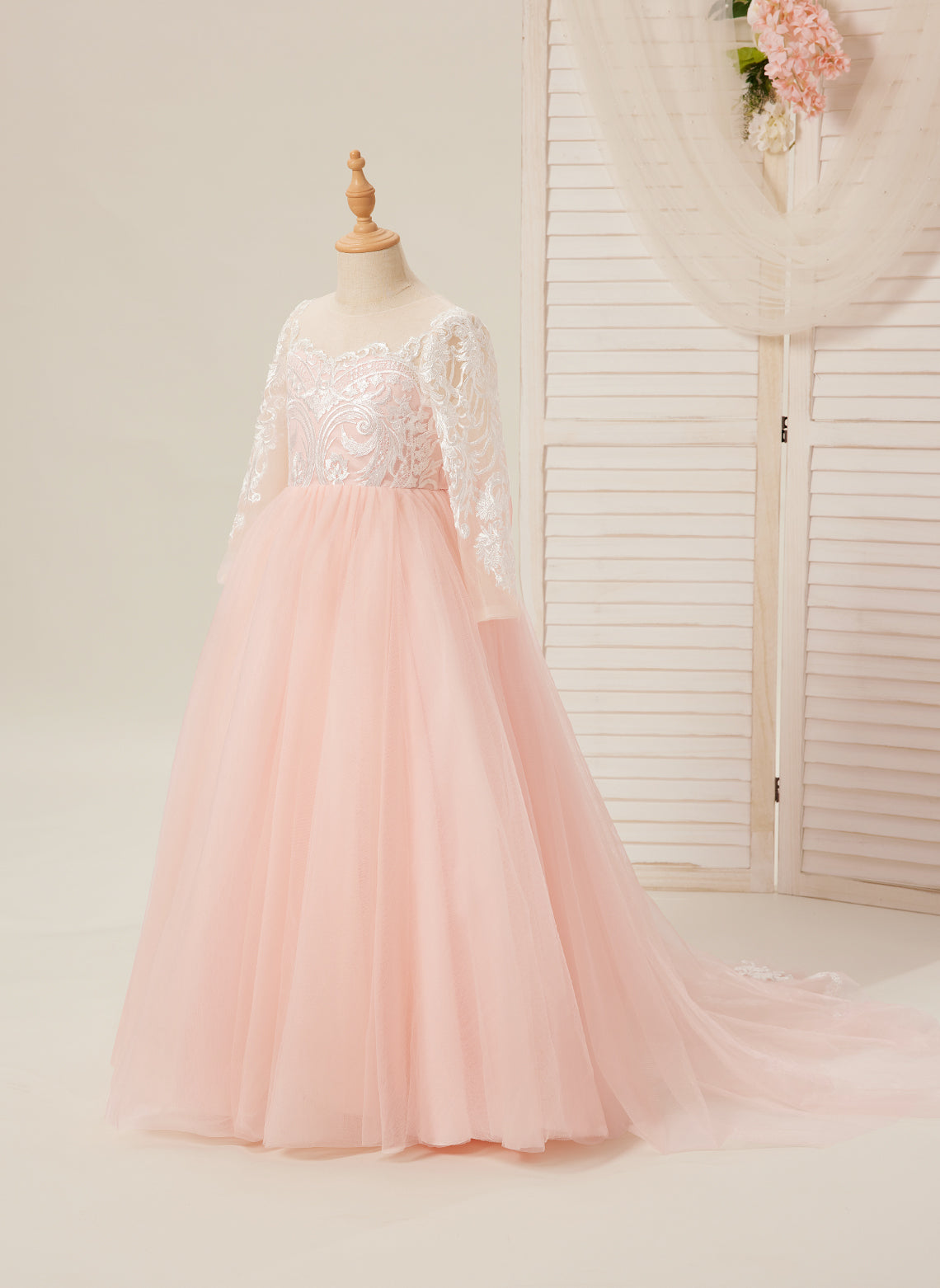 Vestidos de niña de las flores de corte A, manga larga, encaje y tul, color rosa (2003227575) 