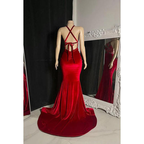 Robe de bal sirène sexy et tendance, col en V, sans manches, bretelles croisées, fente, froncée