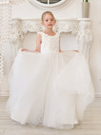 Elegante vestido blanco de tul para niña de las flores con cola corta 