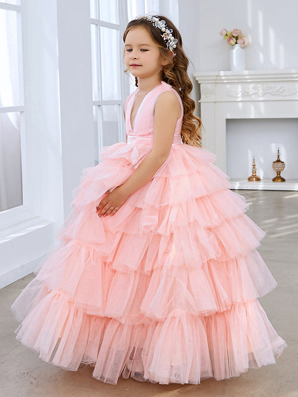 Vestido de princesa rosa perla sin mangas para niña de las flores con lazo de tul 