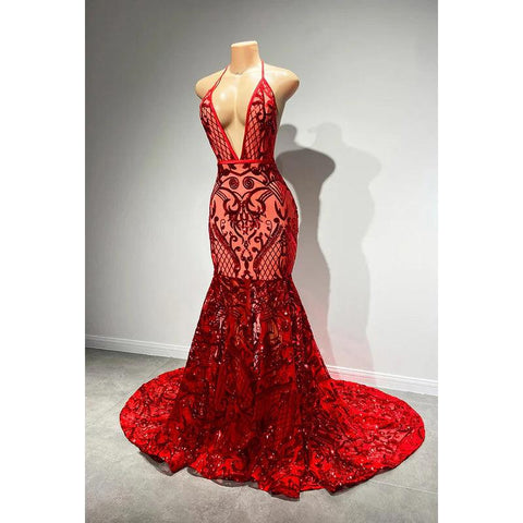 Robe de bal sirène sexy et tendance à bretelles spaghetti, décolleté en V profond, sans manches, dos nu, paillettes