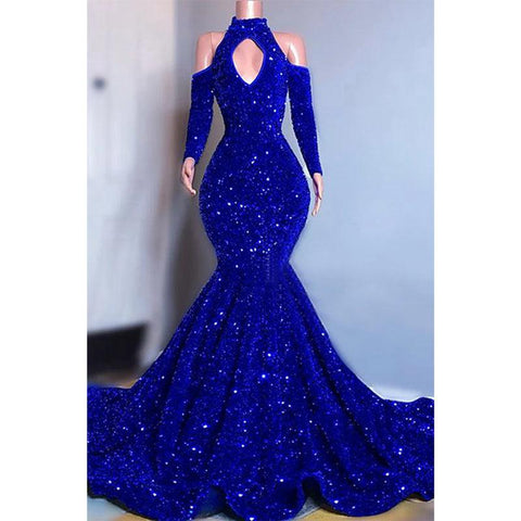 Vestido de fiesta negro único con escote alto, mangas largas y lentejuelas brillantes para Slay 