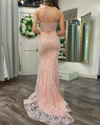 Robe de bal longue sirène en dentelle à sequins et décolleté cœur