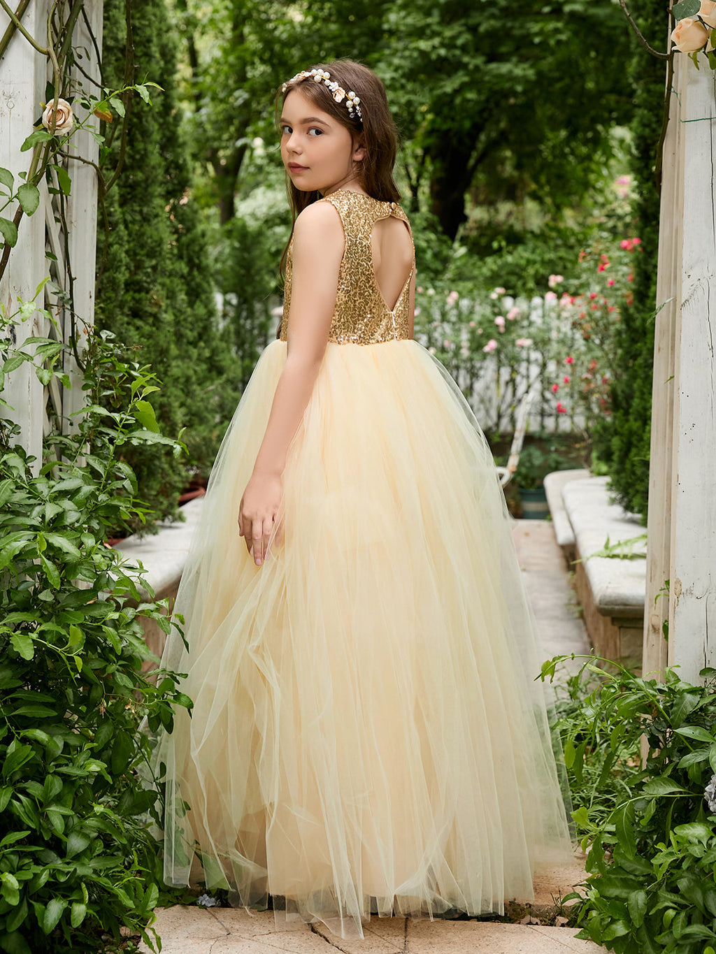 Vestido de princesa/de princesa de tul hasta el suelo para niña de las flores, color champán 