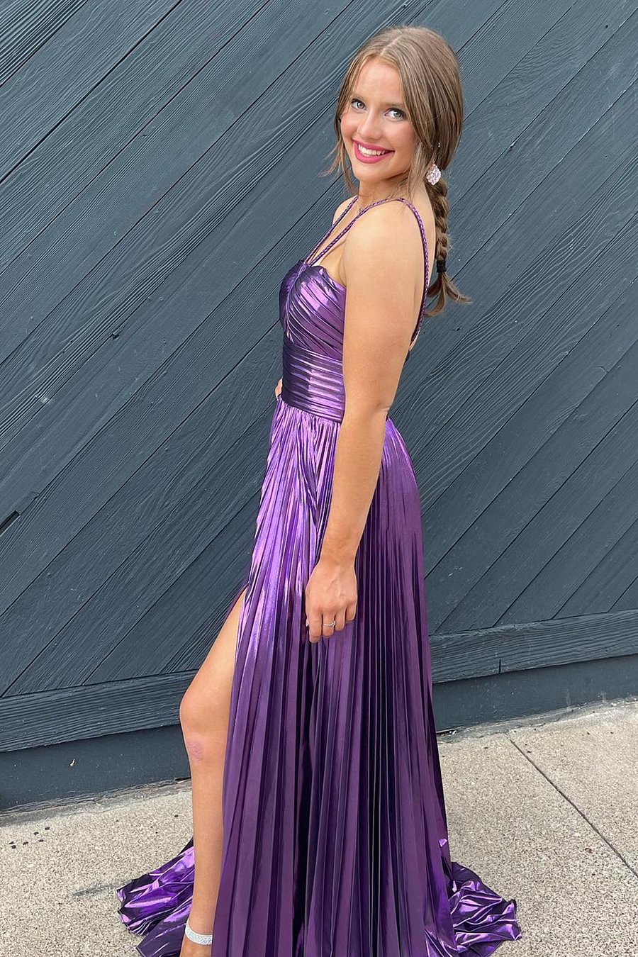 Sparkly A Line Halter Neck Pleated Long Prom Dress with Keyhole Slit