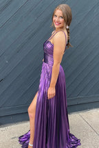 Sparkly A Line Halter Neck Pleated Long Prom Dress with Keyhole Slit