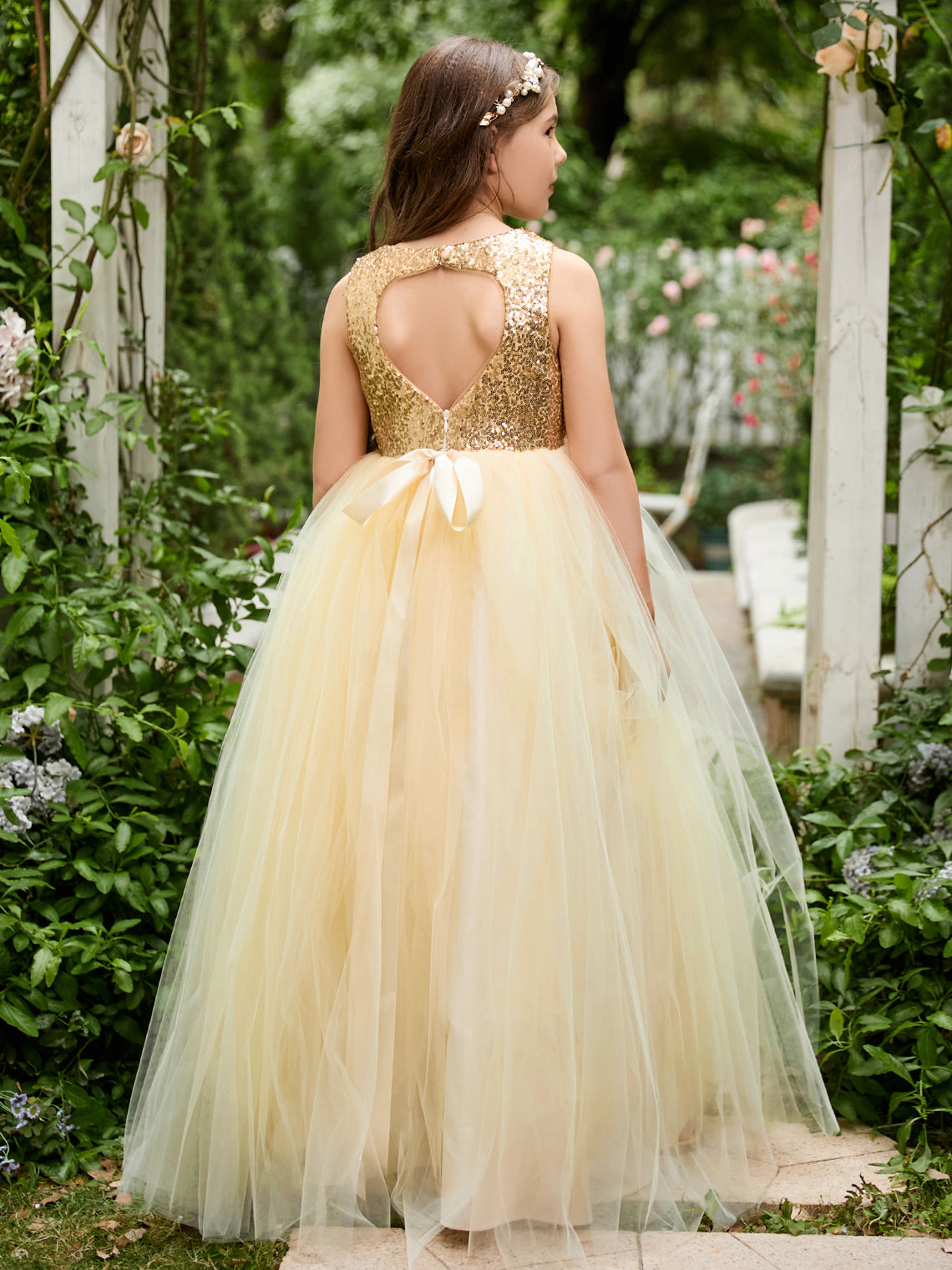 Vestido de princesa/de princesa de tul hasta el suelo para niña de las flores, color champán 