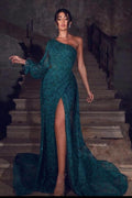 Long Sleeves Dark Green Prom Dress Lace Sequins With Split