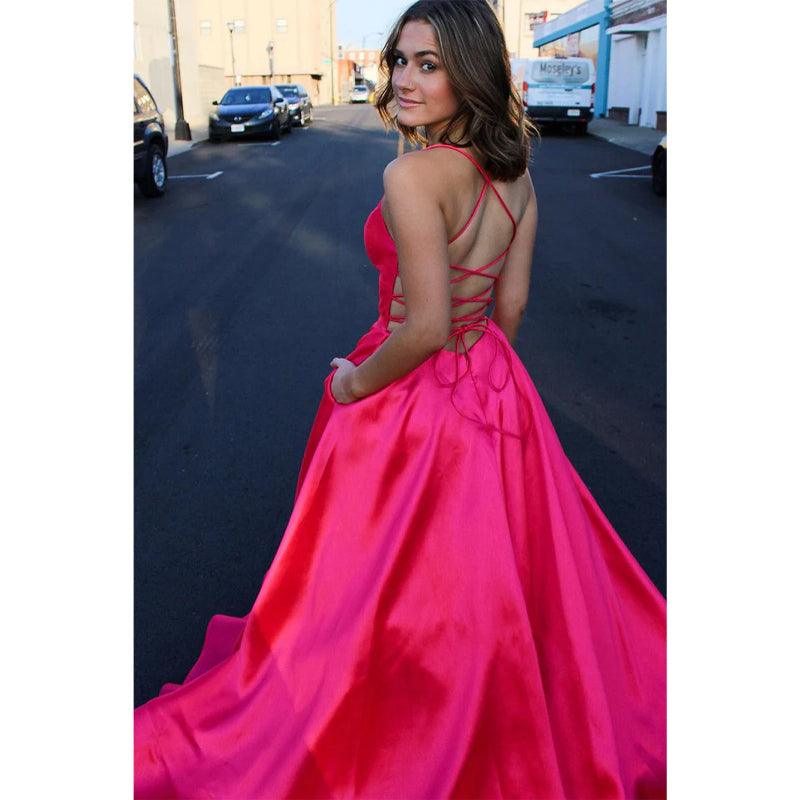 Plunging V-neck Pink Satin Senior Prom Dress with Pockets