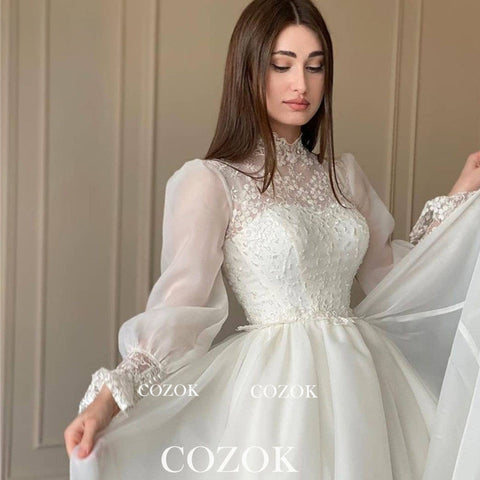 Organza A Line Appliques Lace Wedding Dress Puff Long Sleeves High Neck Bridal Gowns Robe De Mariage Custom TG001
