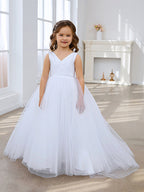 Vestido clásico blanco de corte A sin mangas para niña de las flores, de satén y tul 