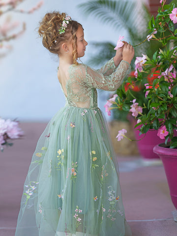 Vestido largo de niña de las flores de jardín, de tul bordado con encaje floral y corte en A 