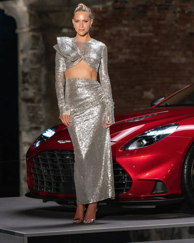 Silver Rhinestone Mesh Slit Prom Dress