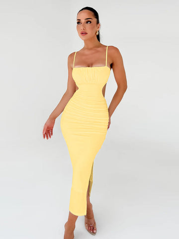 Tossy Women's Backless Cut Out Bodycon Maxi Dress Fashion Sleeveless Spaghetti Strap Ruched Side Slit Hem Evening Dress Female