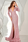 Robe de bal à sequins dos nu à manches longues et fente
