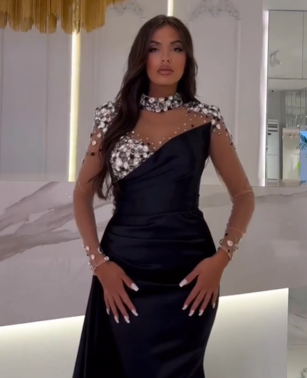 Long Sleeves Mermaid Evening Dress High Neck With Crystal